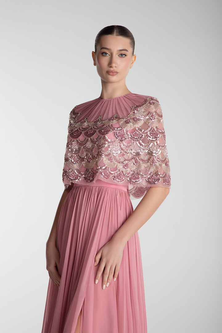 Embroidered Cape Gown With Slit