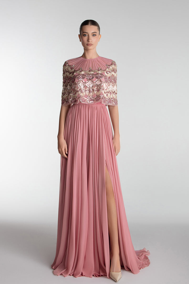 Embroidered Cape Gown With Slit