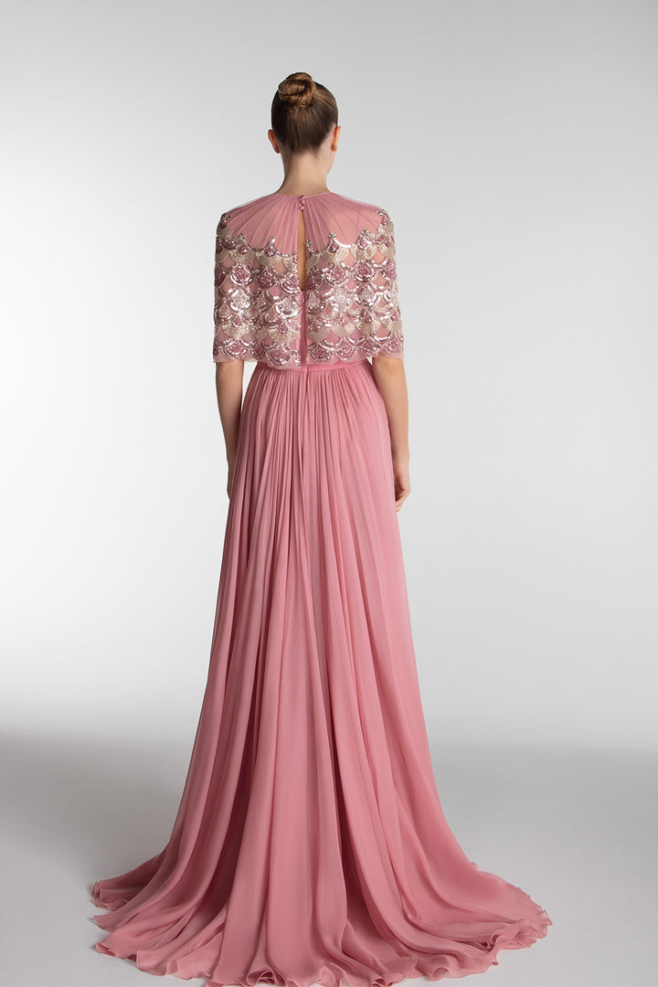 Embroidered Cape Gown With Slit