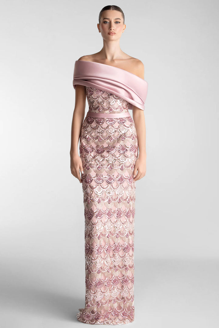 Off-Shoulder Embroidered Column Gown