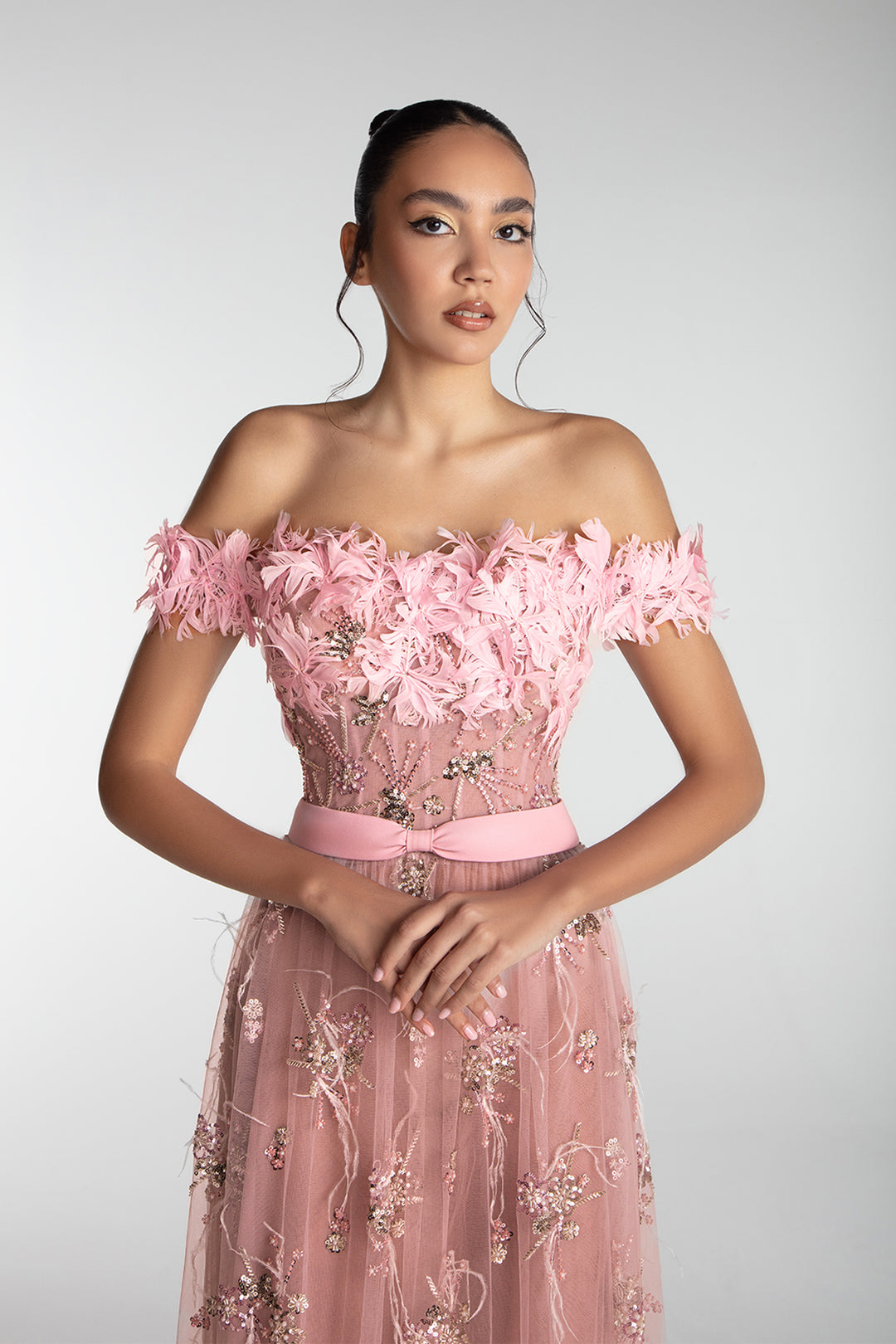 Off-Shoulder Floral Embroidered Tulle Gown