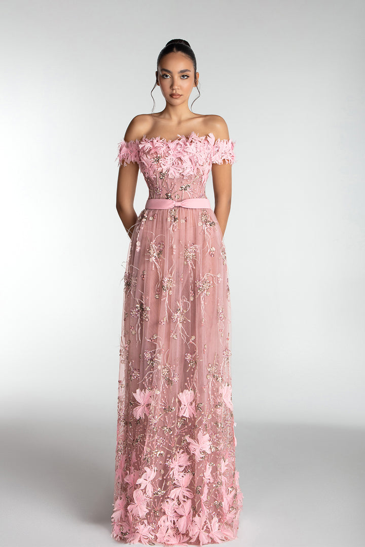 Off-Shoulder Floral Embroidered Tulle Gown