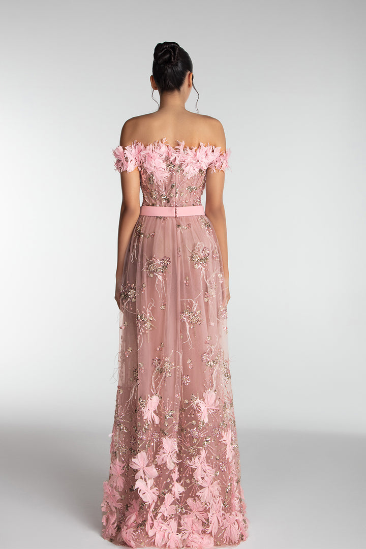 Off-Shoulder Floral Embroidered Tulle Gown
