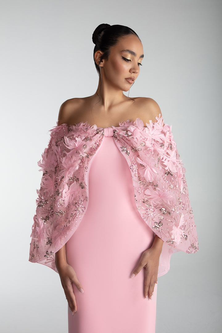 Cape-Cut Gown With Embroidered Tulle Overlay