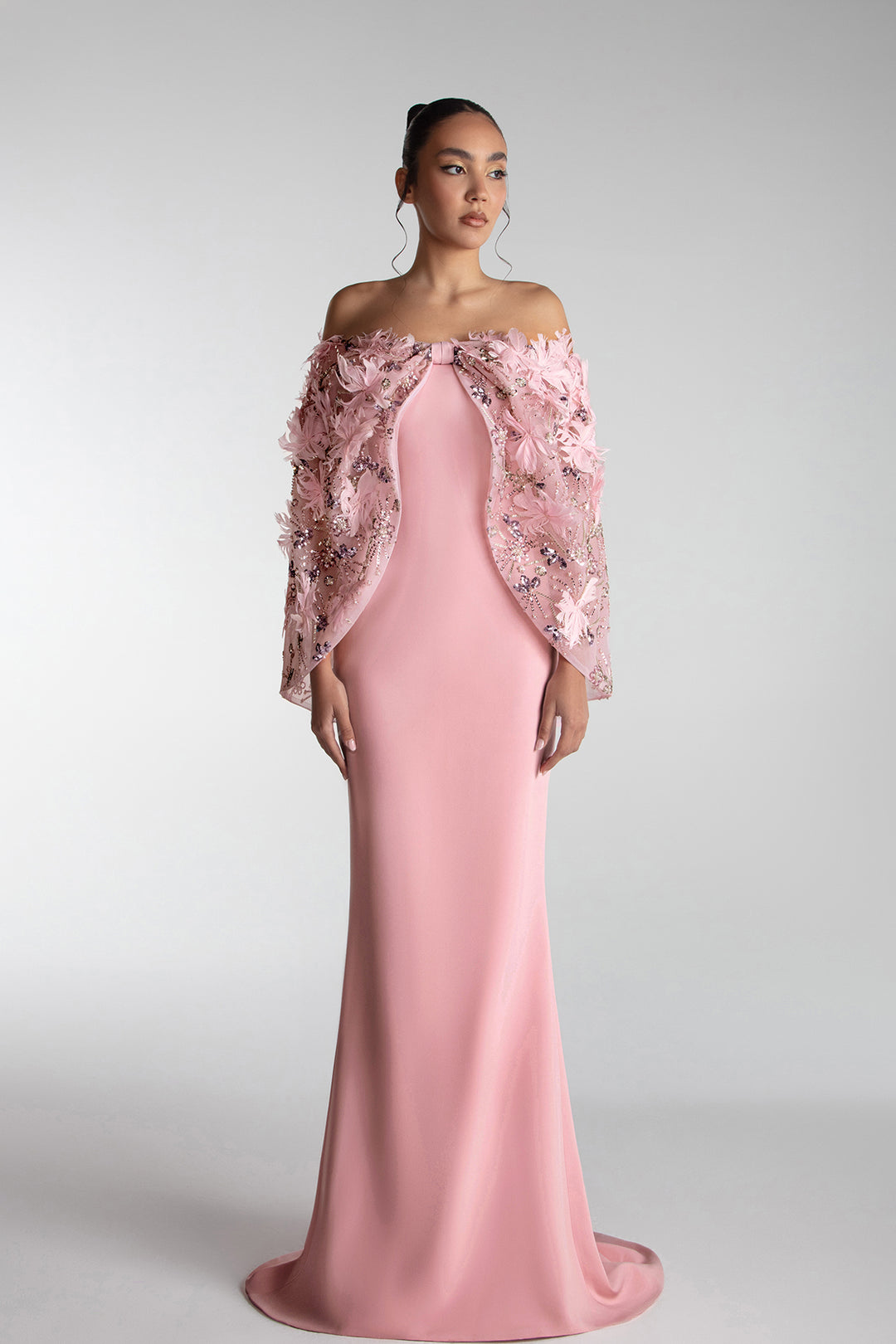 Cape-Cut Gown With Embroidered Tulle Overlay Cape-Cut Gown With Embroidered Tulle Overlay