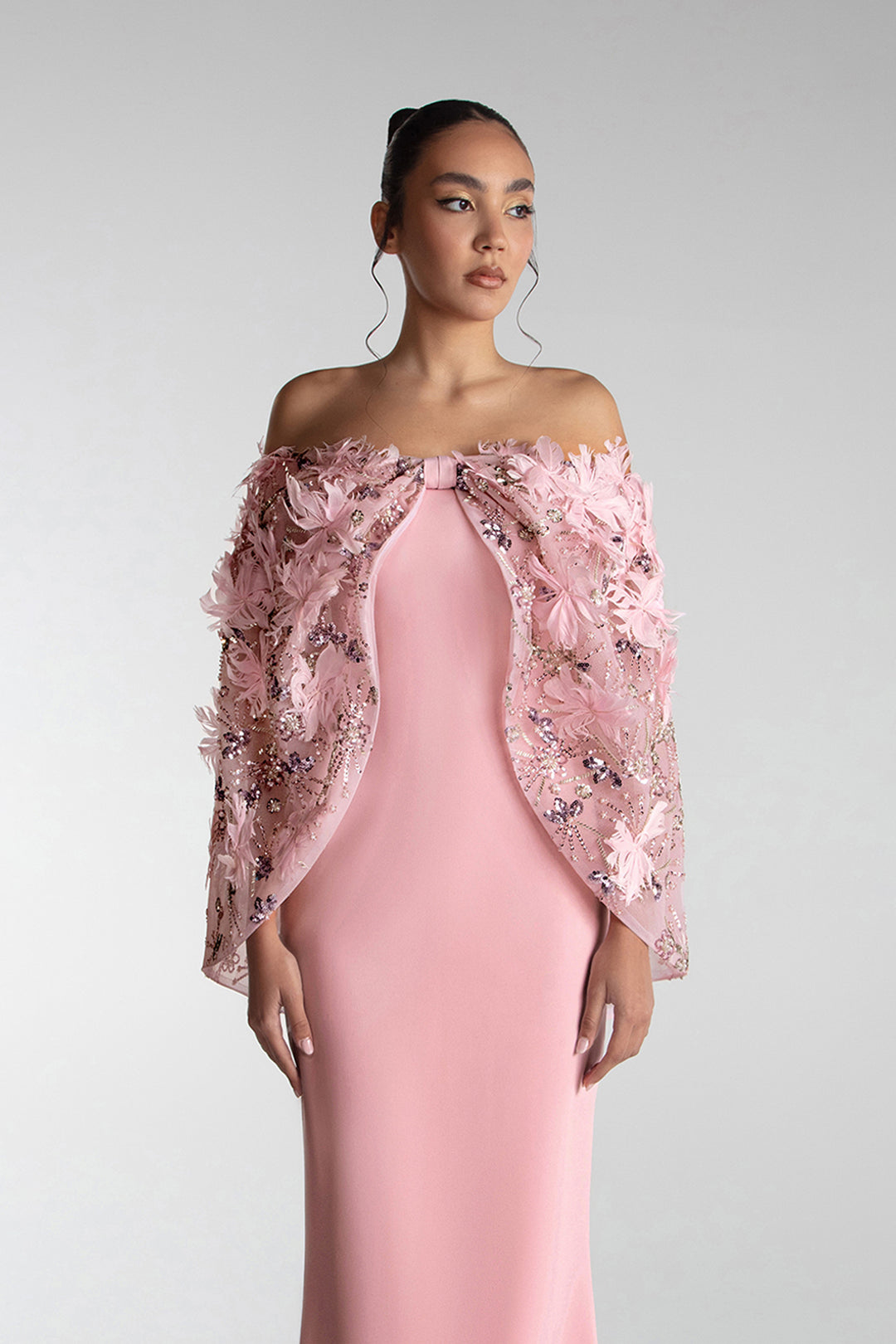 Cape-Cut Gown With Embroidered Tulle Overlay