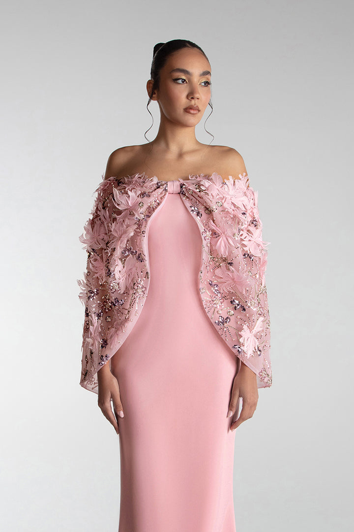 Cape-Cut Gown With Embroidered Tulle Overlay