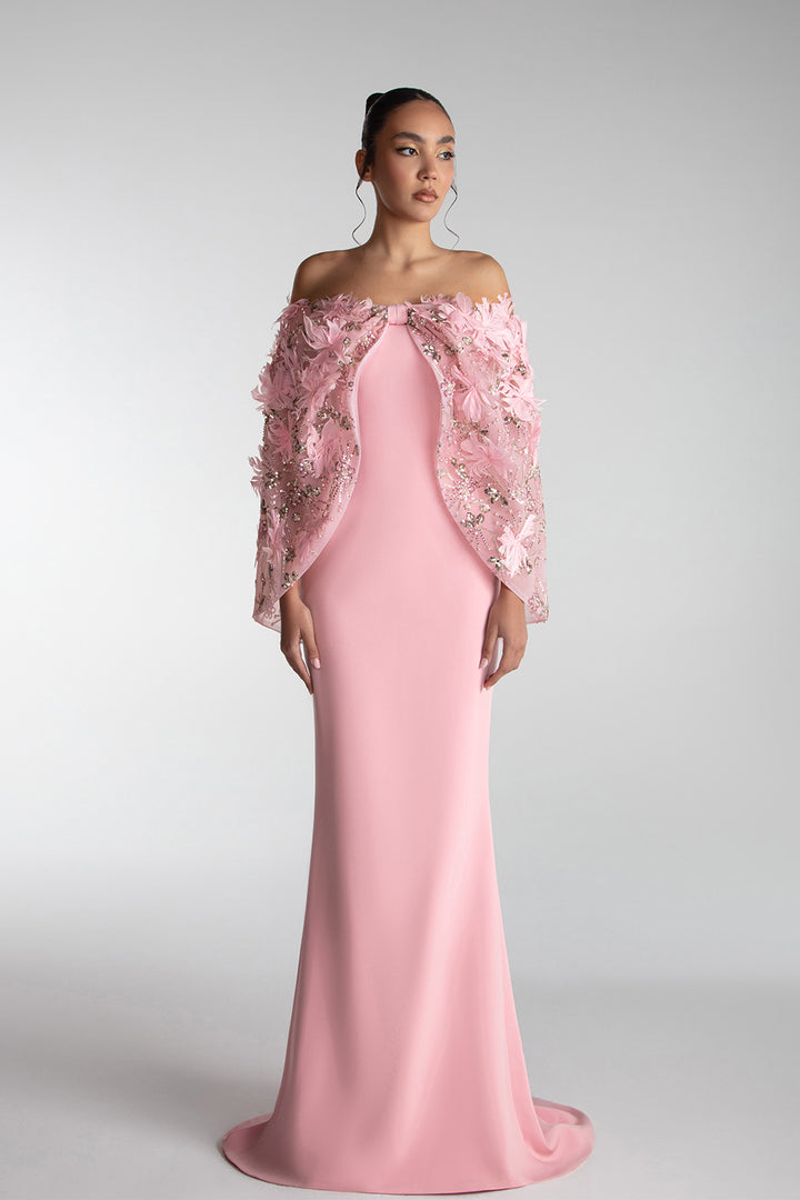 Cape-Cut Gown With Embroidered Tulle Overlay