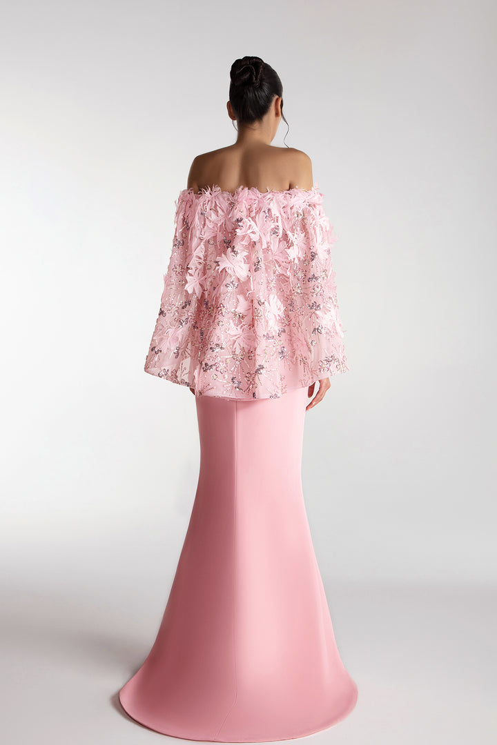 Cape-Cut Gown With Embroidered Tulle Overlay