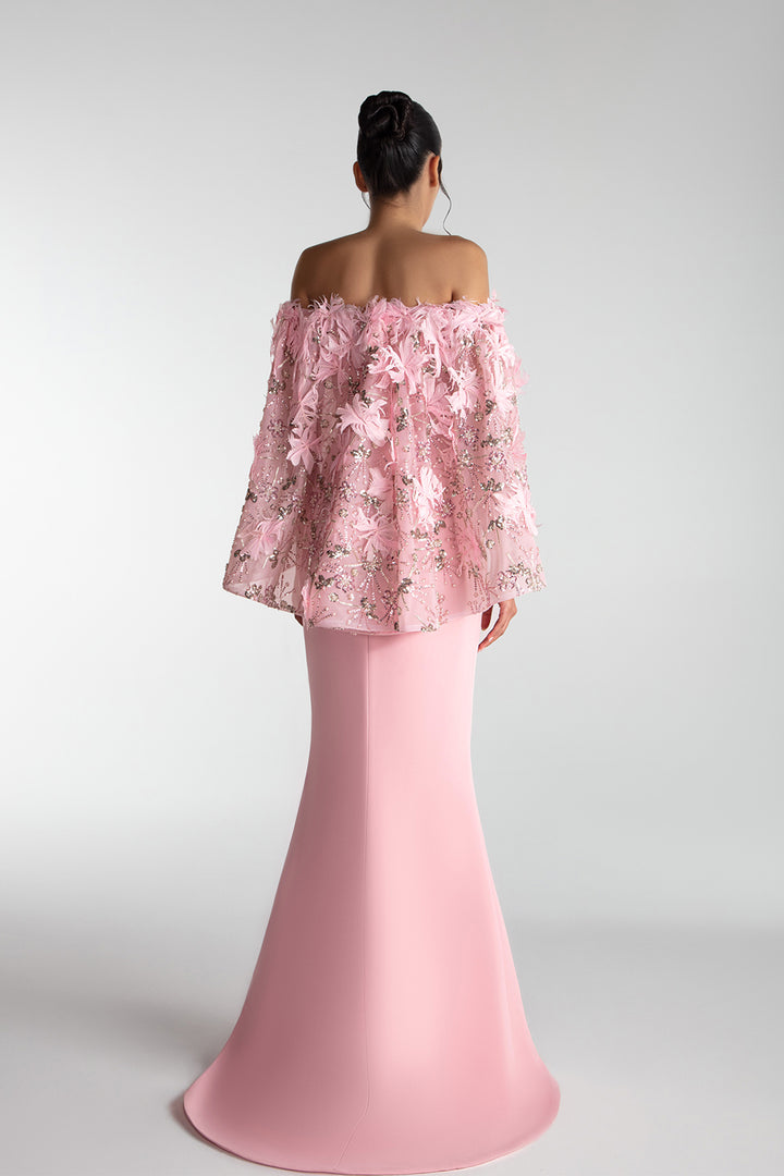 Cape-Cut Gown With Embroidered Tulle Overlay
