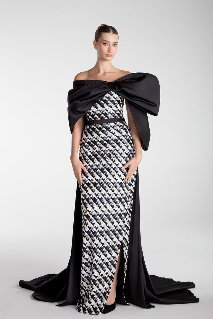 Sequins Column Gown With Oversized Taffeta Bow