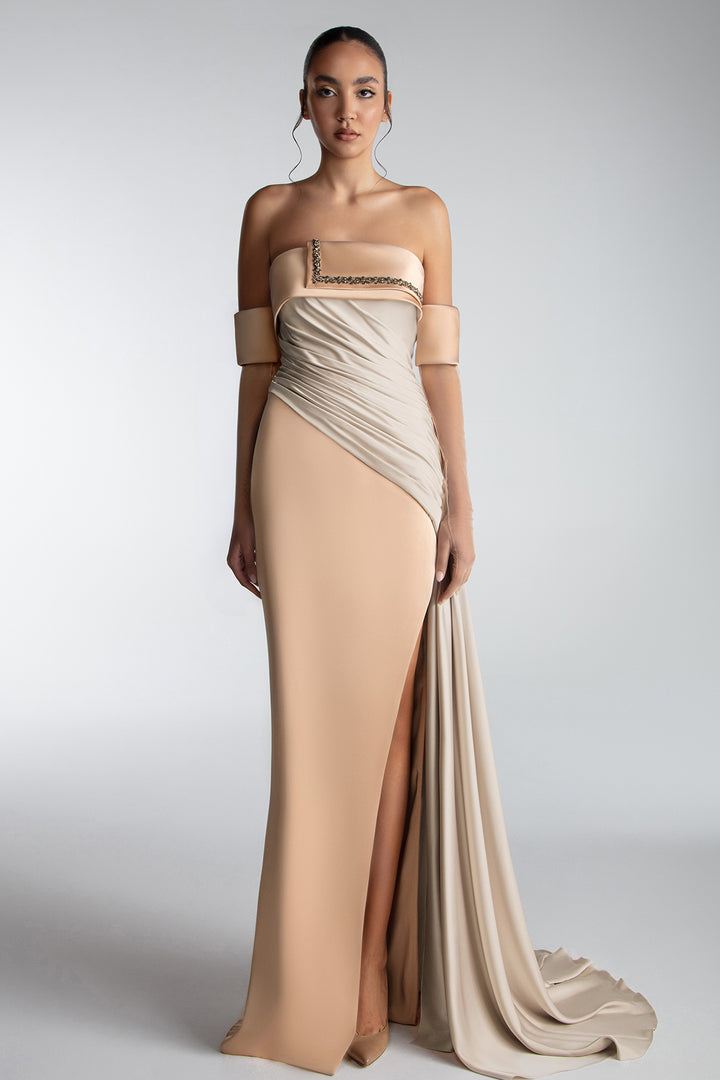 Two-Tone Draped Satin Gown With Embroidered Neckline