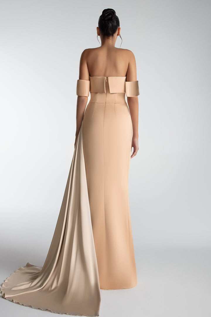 Two-Tone Draped Satin Gown With Embroidered Neckline