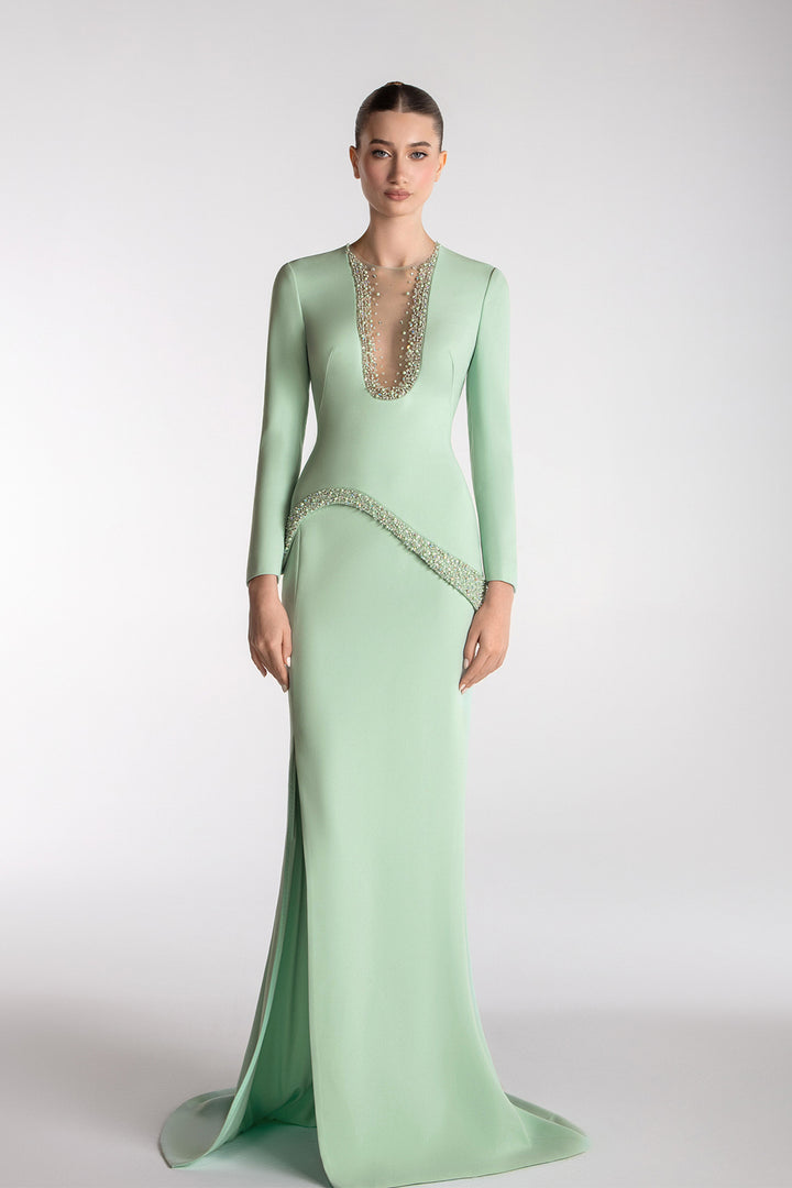Sculpted Crepe Gown With Beaded Accents