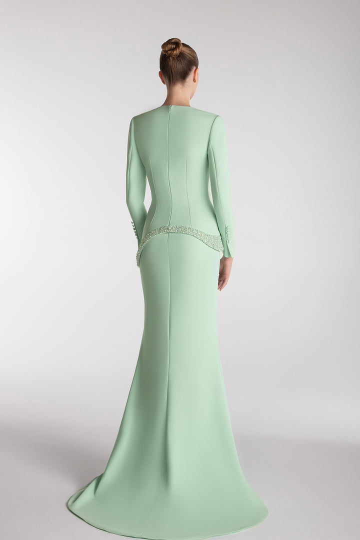Sculpted Crepe Gown With Beaded Accents
