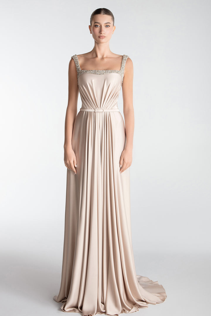 Draped Satin Gown With Crystal Trim