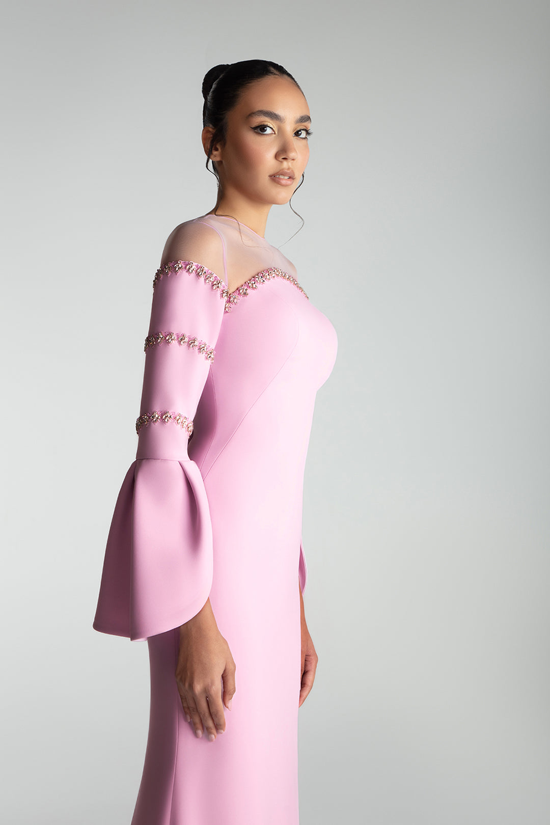 Off-Shoulder Sheer-Panel Gown