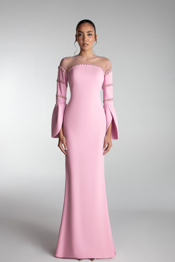 Off-Shoulder Sheer-Panel Gown