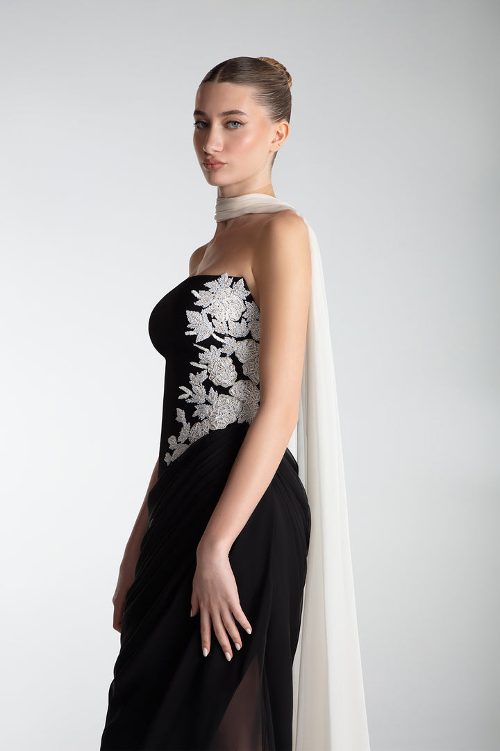 Strapless Draped Gown With Cape Scarf