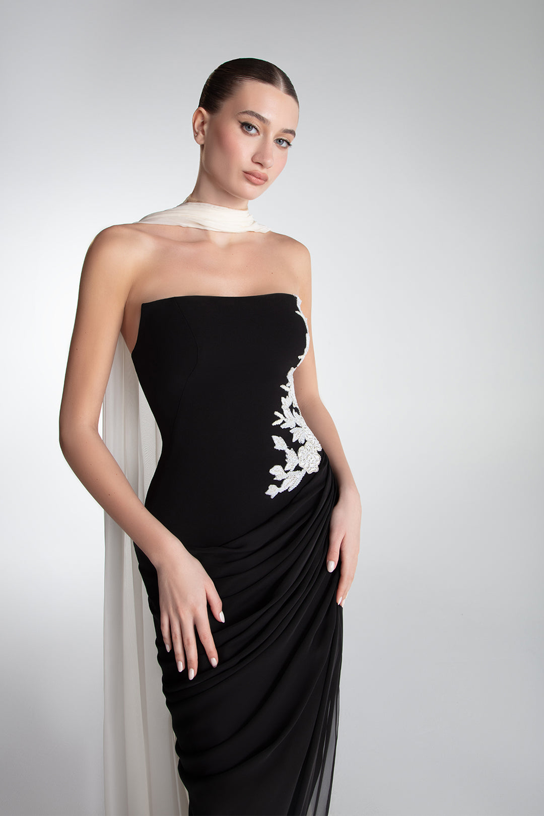 Strapless Draped Gown With Cape Scarf