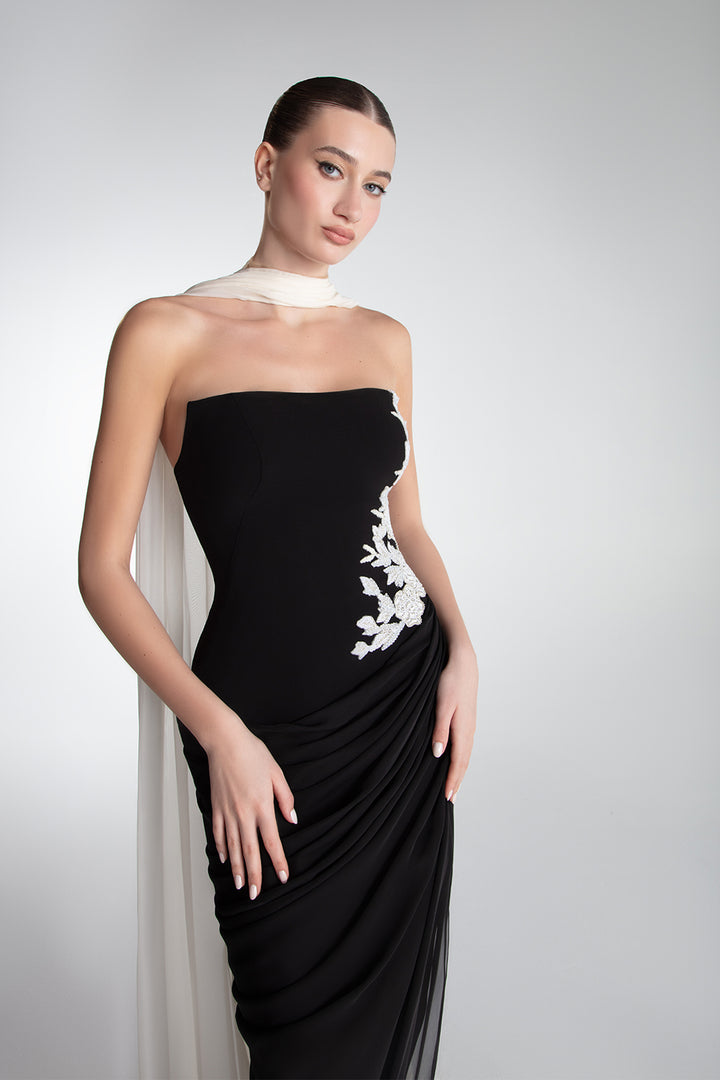Strapless Draped Gown With Cape Scarf