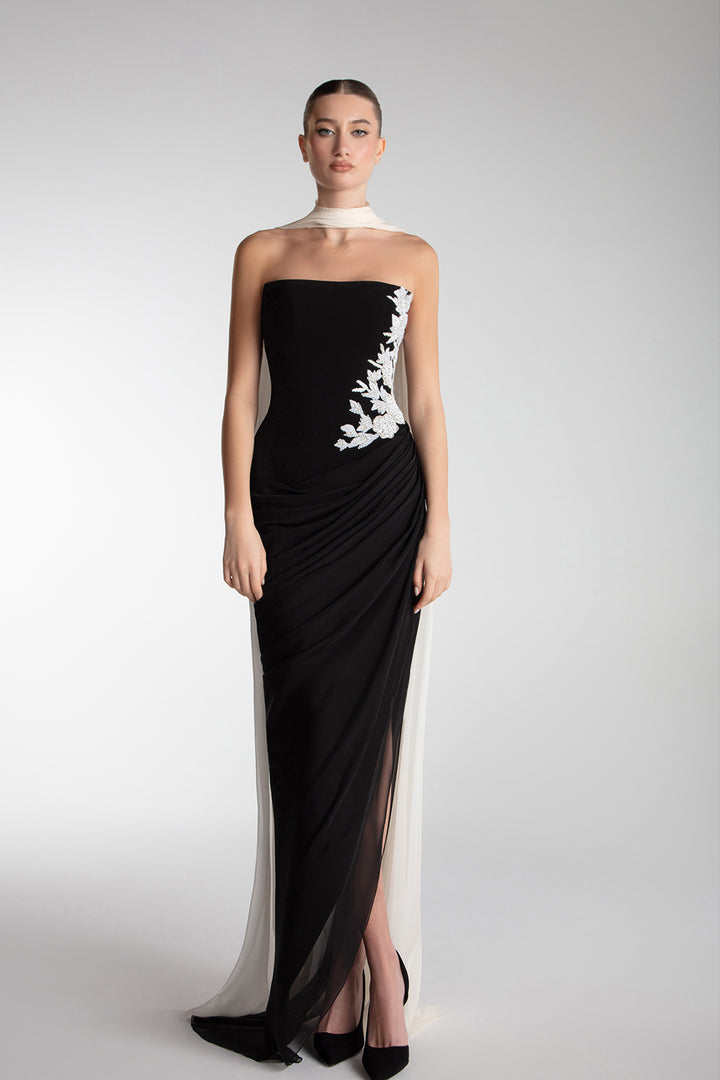 Strapless Draped Gown With Cape Scarf