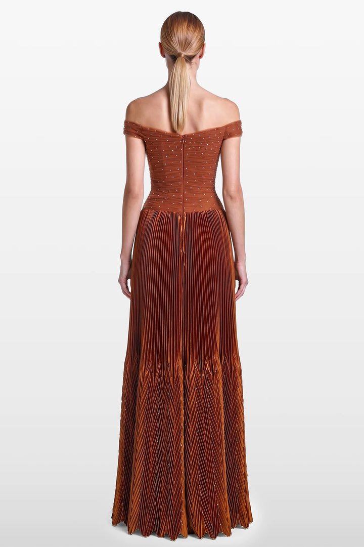 Off-The-Shoulder Draped Tulle and Pleated Lamé Dress