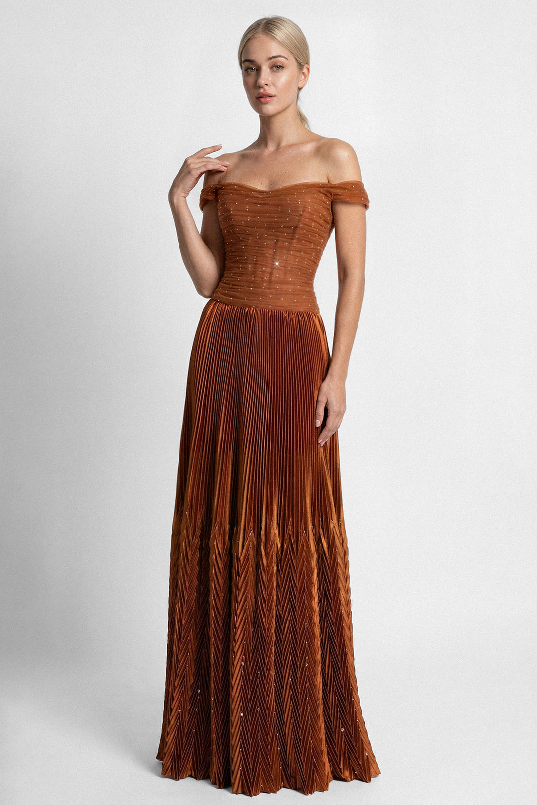 Off-The-Shoulder Draped Tulle and Pleated Lamé Dress