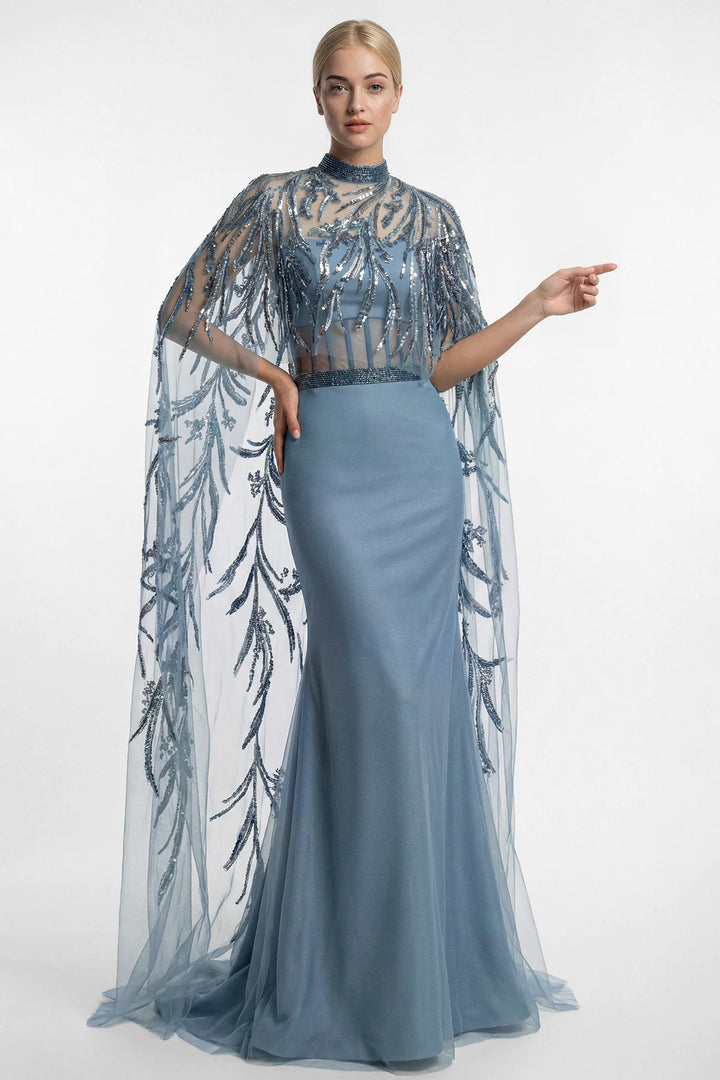 Embroidered Cape Gown with Illusion Corset