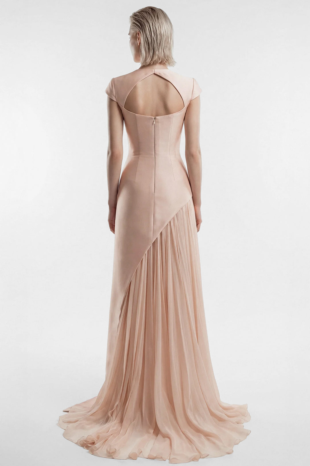 Embroidered Mikado Gown with Pleated Chiffon Skirt