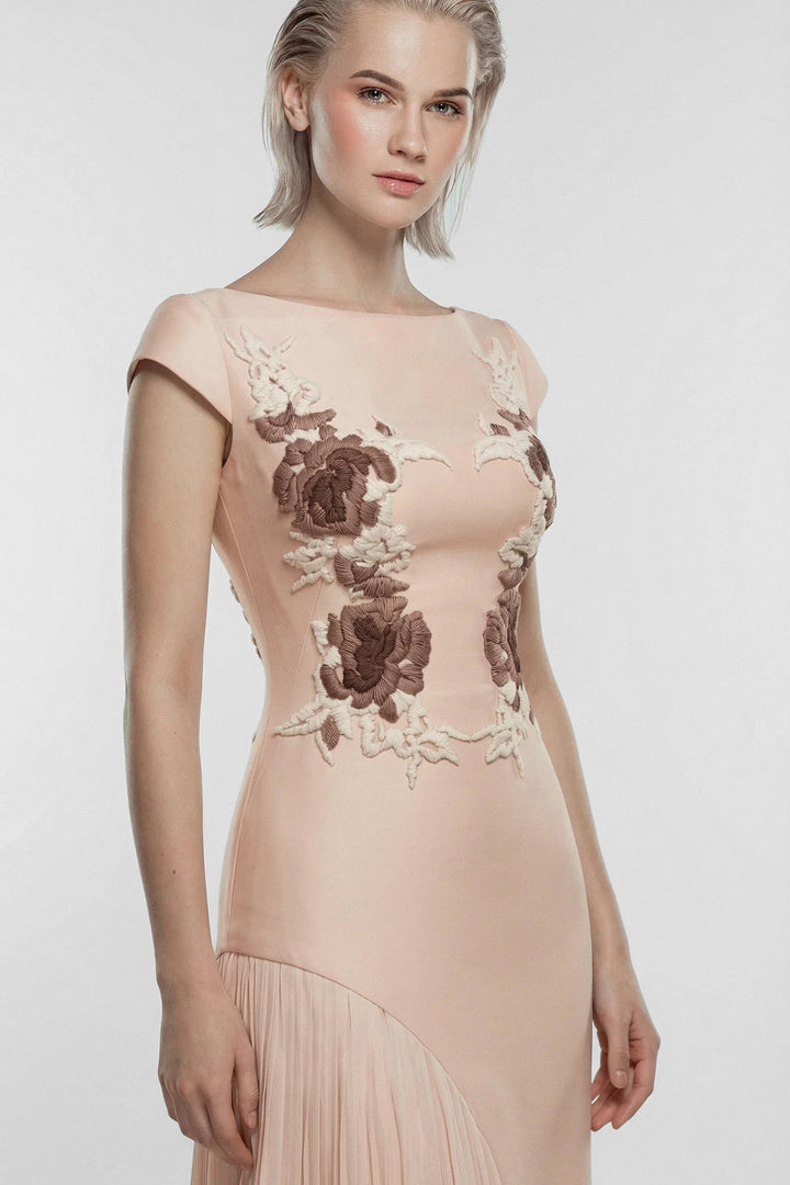 Embroidered Mikado Gown with Pleated Chiffon Skirt