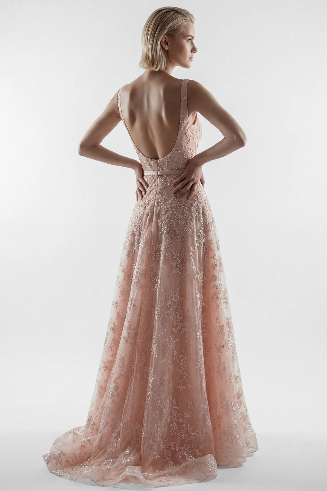 Embroidered Tulle A-Line Dress with Belt Detail
