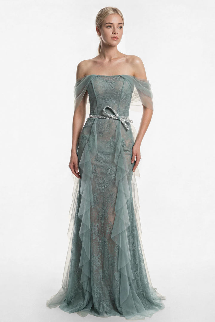 Lace Gown with Cascading Tulle Panels