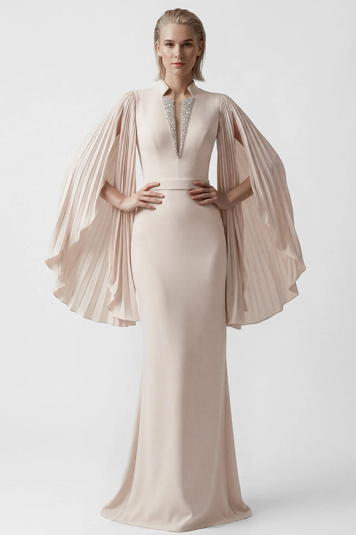 Pleated Sleeve Crepe Gown