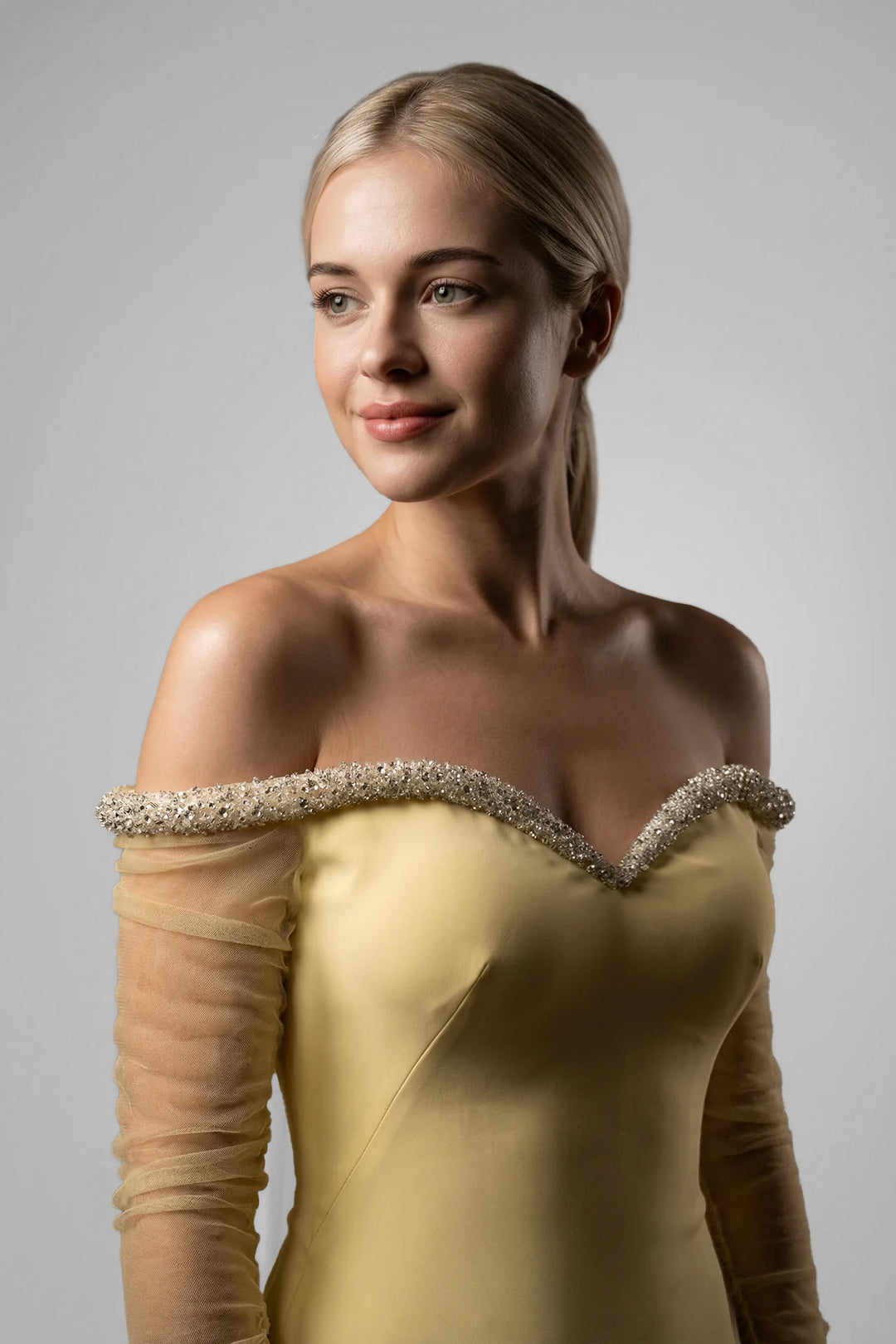 Crepe Dress with Chiffon Cape and Tulle Sleeves