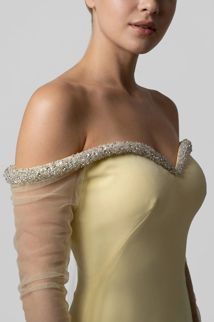 Crepe Dress with Chiffon Cape and Tulle Sleeves