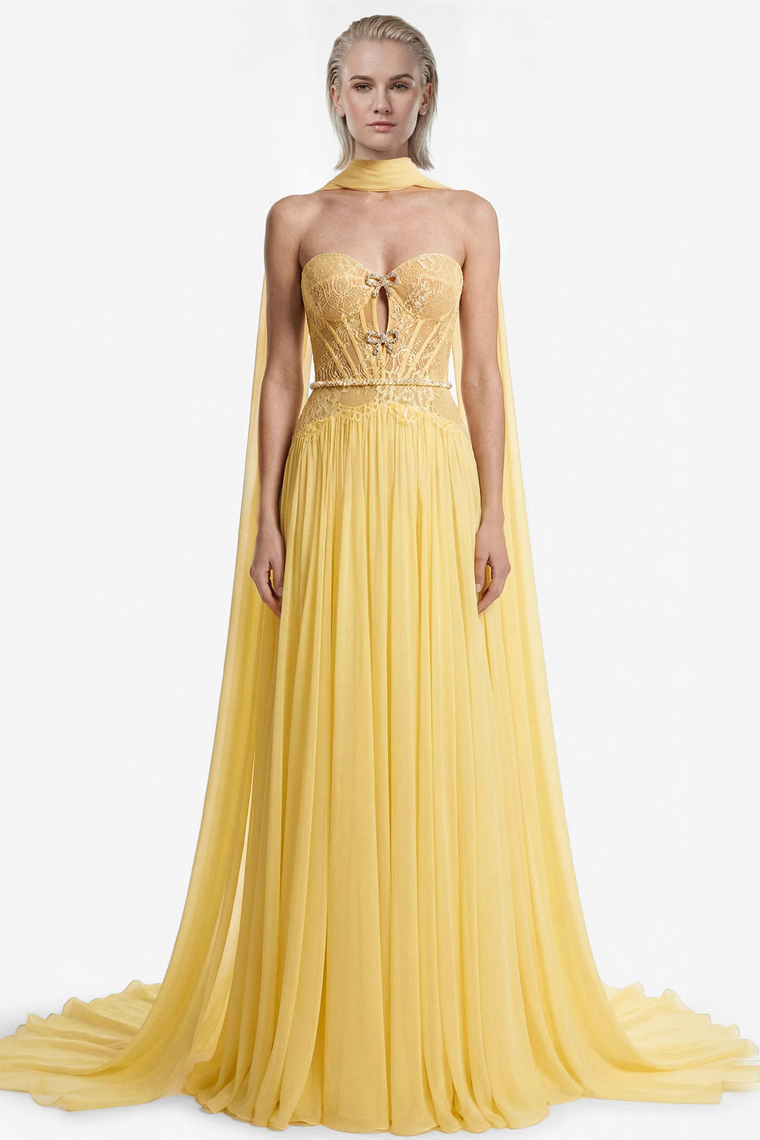 Lace Corset Gown with Chiffon Skirt
