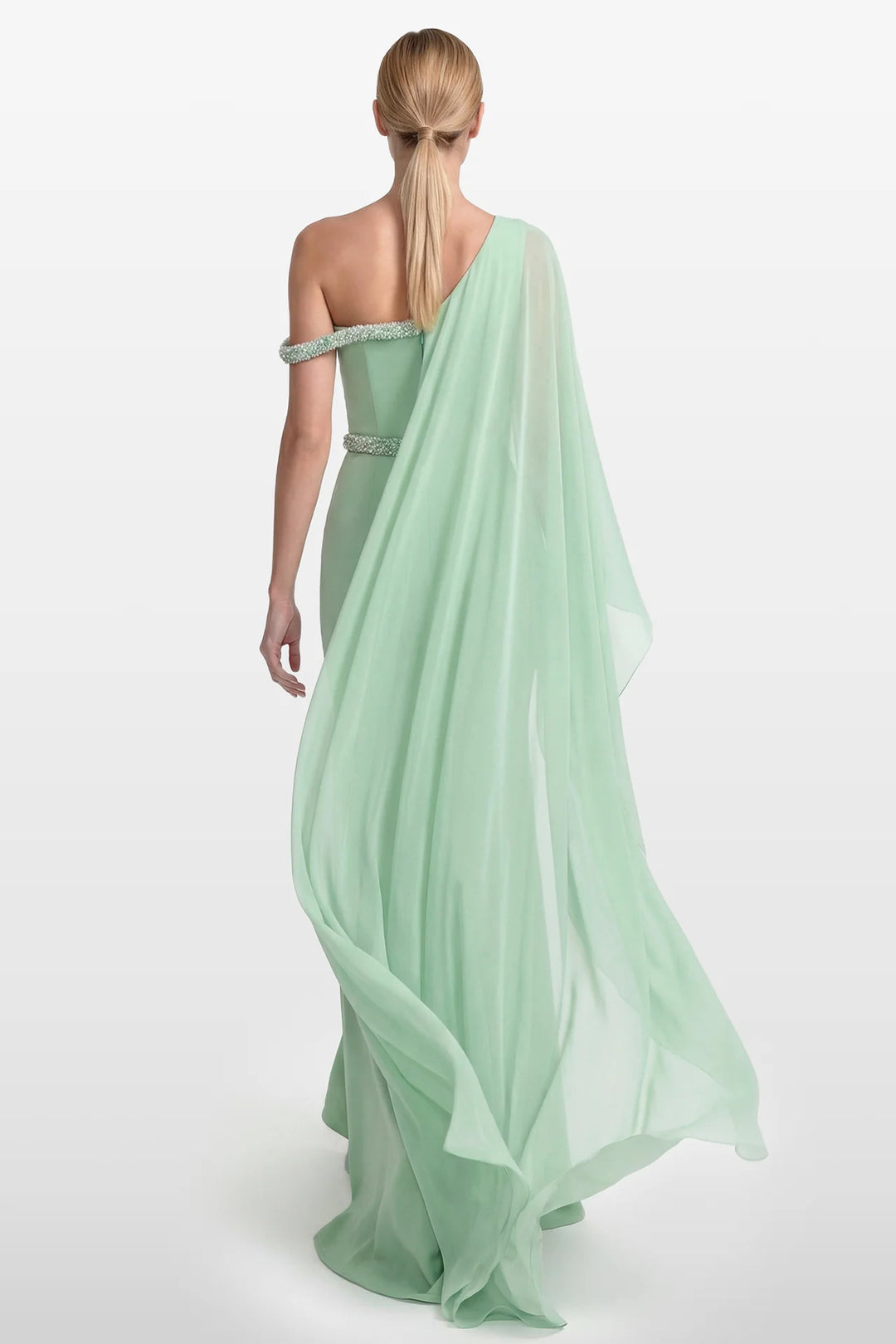 Crepe Gown with Draped Chiffon Overlay