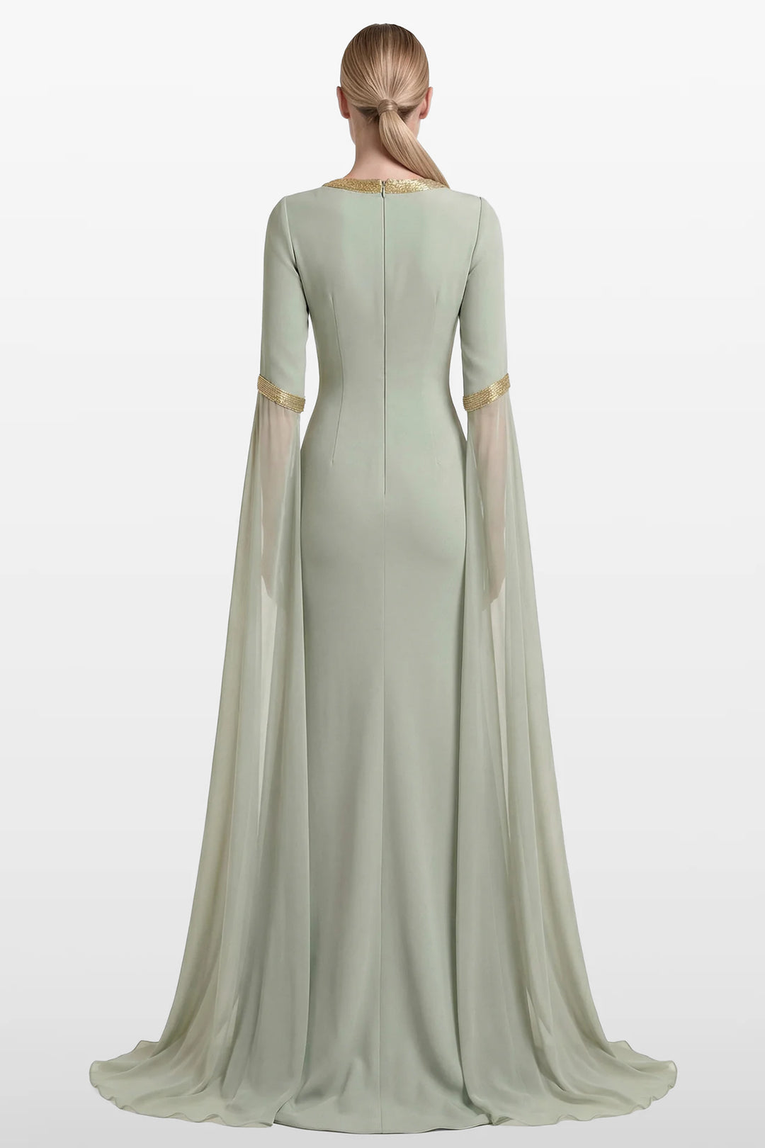 Crepe Gown with Metallic Trim and Chiffon Sleeves