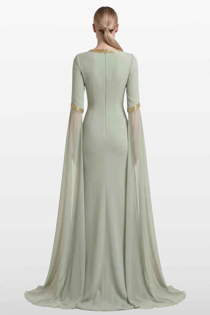 Crepe Gown with Metallic Trim and Chiffon Sleeves