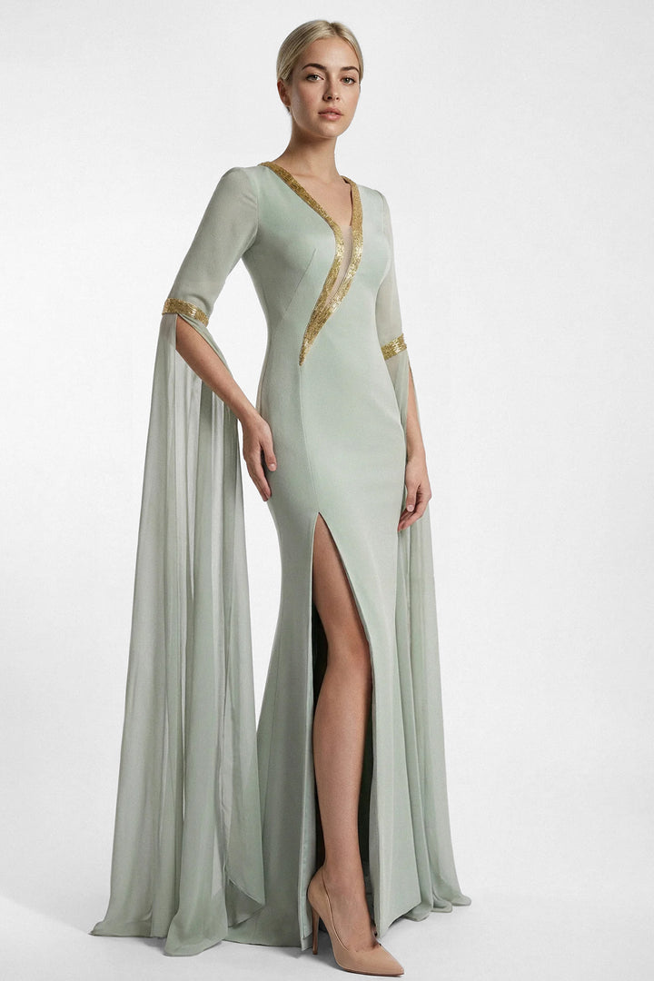 Crepe Gown with Metallic Trim and Chiffon Sleeves