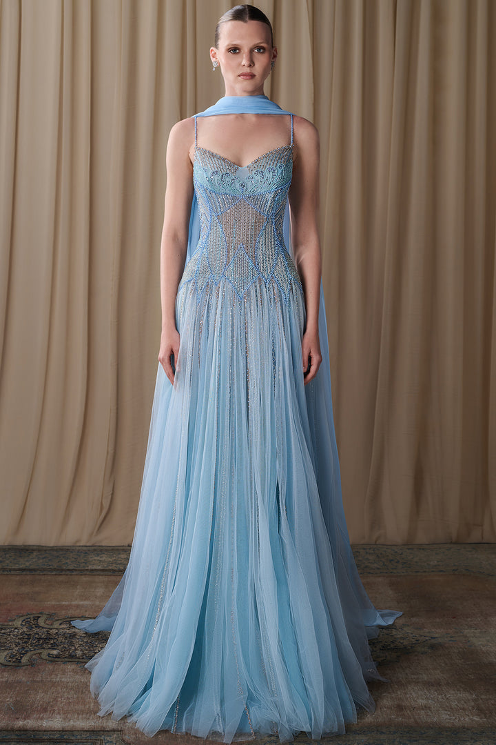 Embroidered Tulle Gown with Draped Chiffon Cape