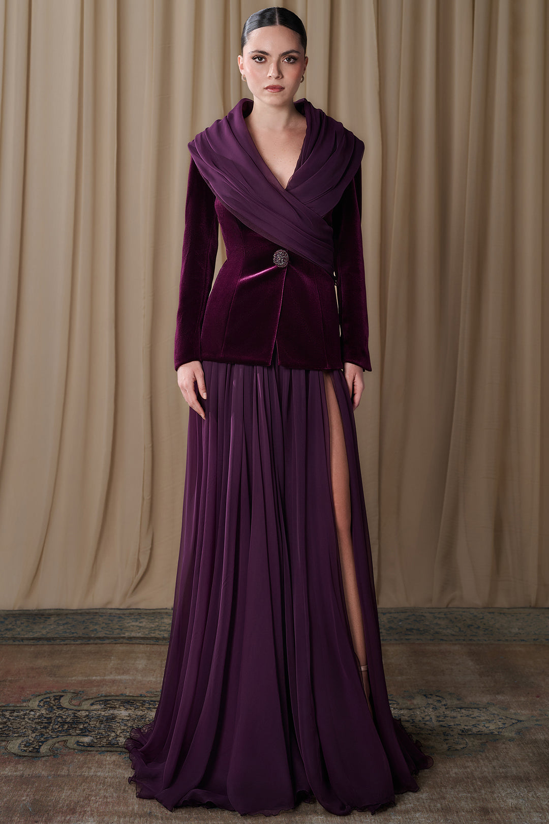 Velvet Jacket with Pleated Chiffon Skirt