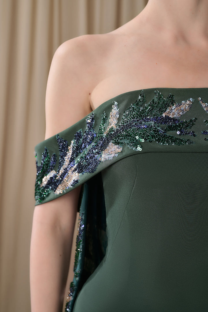 Off-Shoulder Crepe Gown with Embroidered Cape Back
