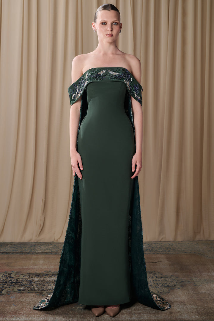 Off-Shoulder Crepe Gown with Embroidered Cape Back