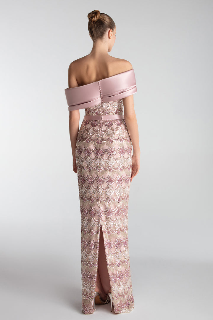 Off-Shoulder Embroidered Column Gown