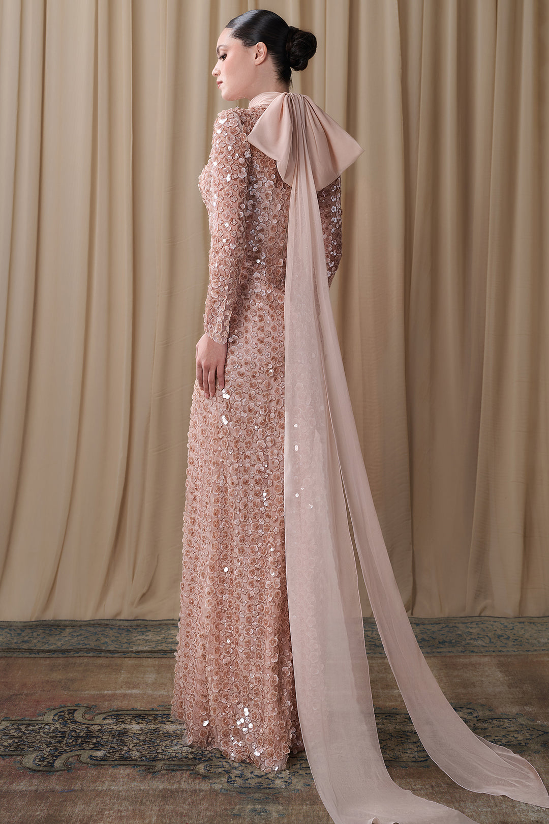 Embroidered High Neck Gown with Chiffon Scarf