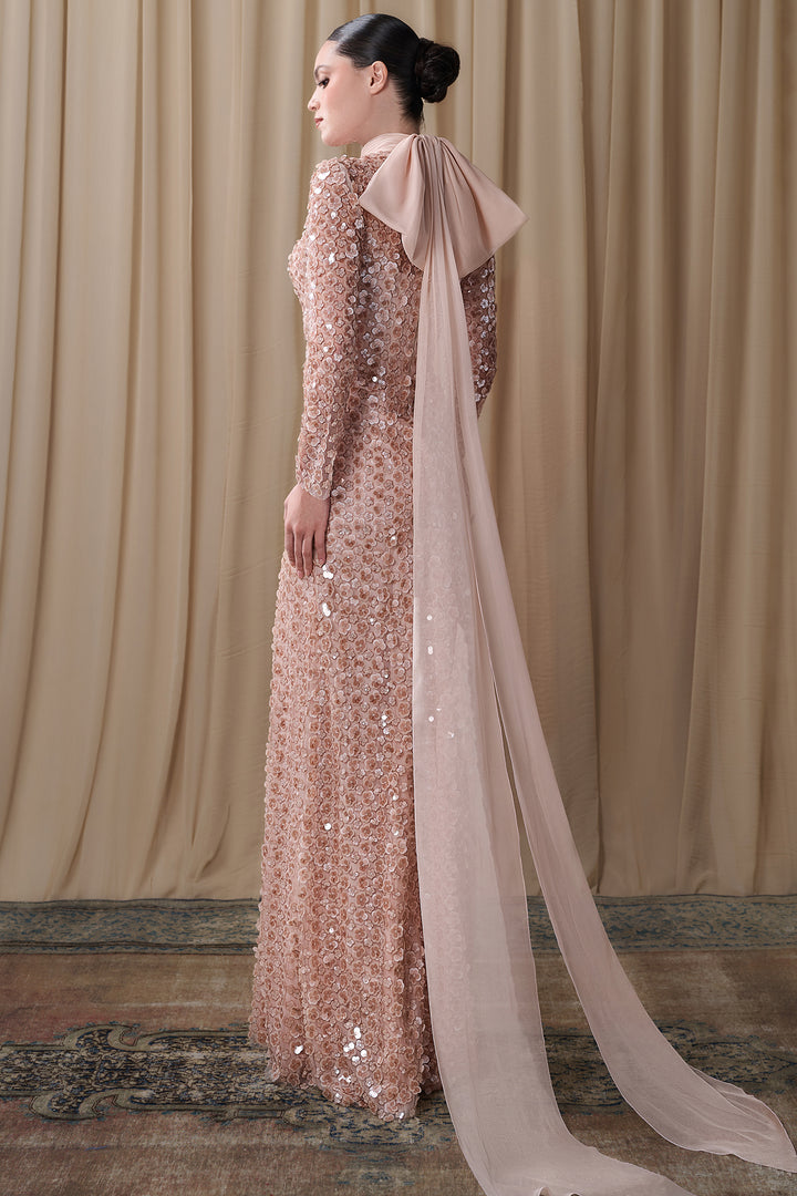Embroidered High Neck Gown with Chiffon Scarf