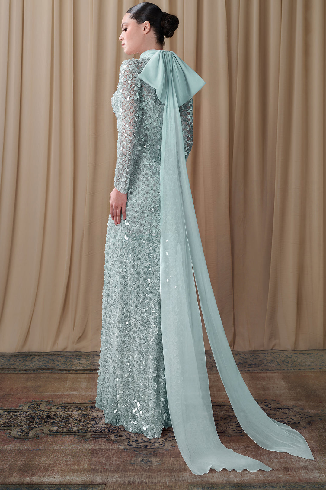 Embroidered High Neck Dress with Chiffon Scarf