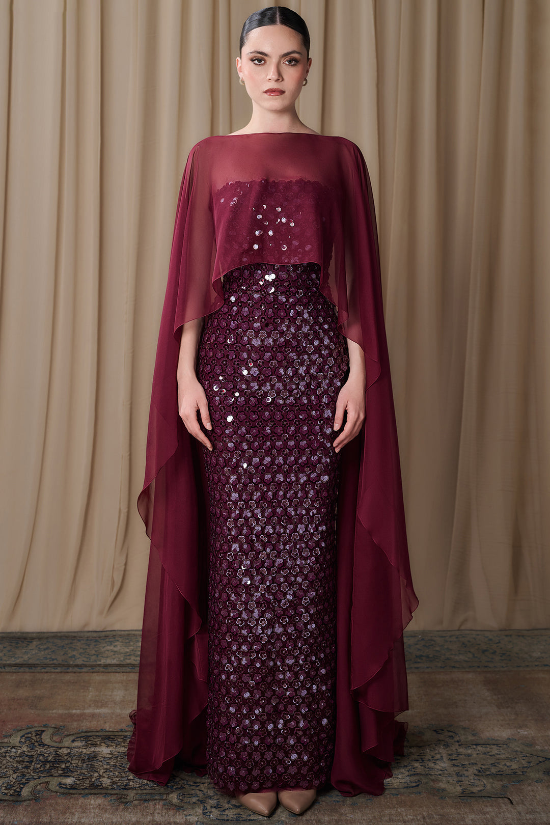 Embroidered Sequin Column Gown with Sheer Cape